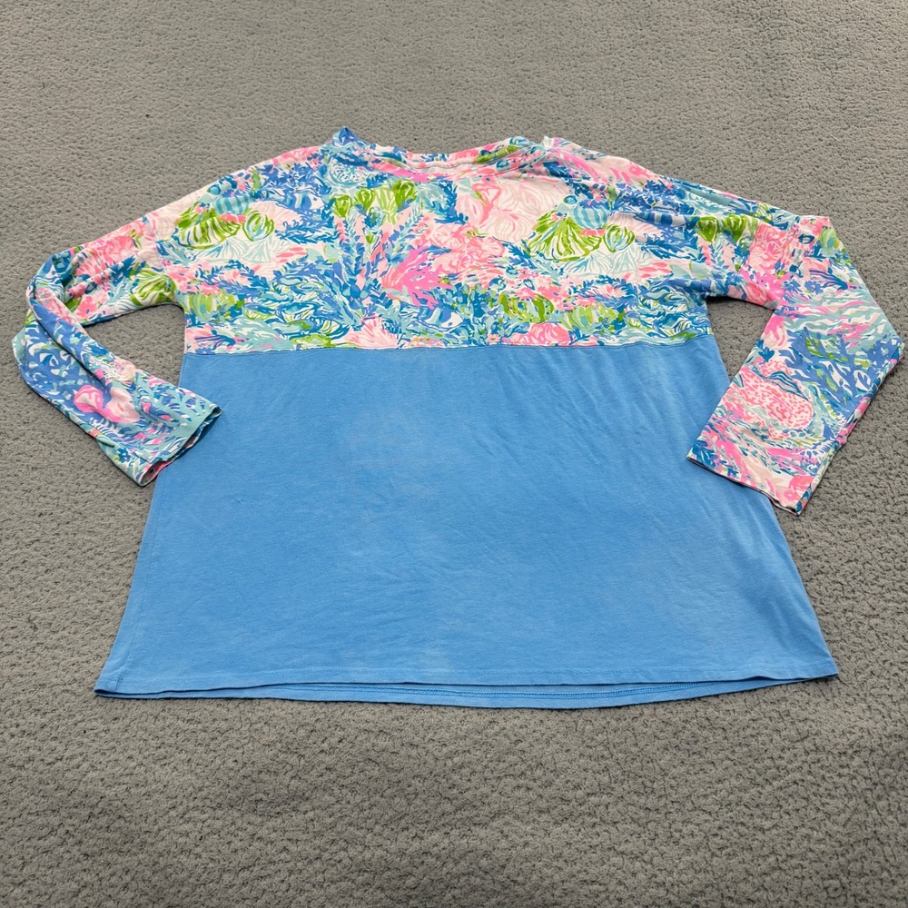 Lilly Pulitzer Finn Top Womens XL Blue Floral Coral Long Sleeve Beach